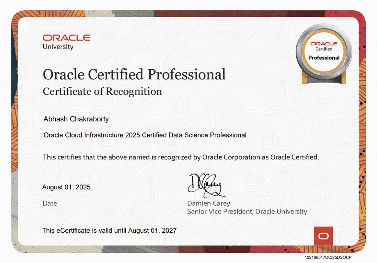 Oracle Cloud Infrastructure 2025 Certified Data Science Professional certificate
