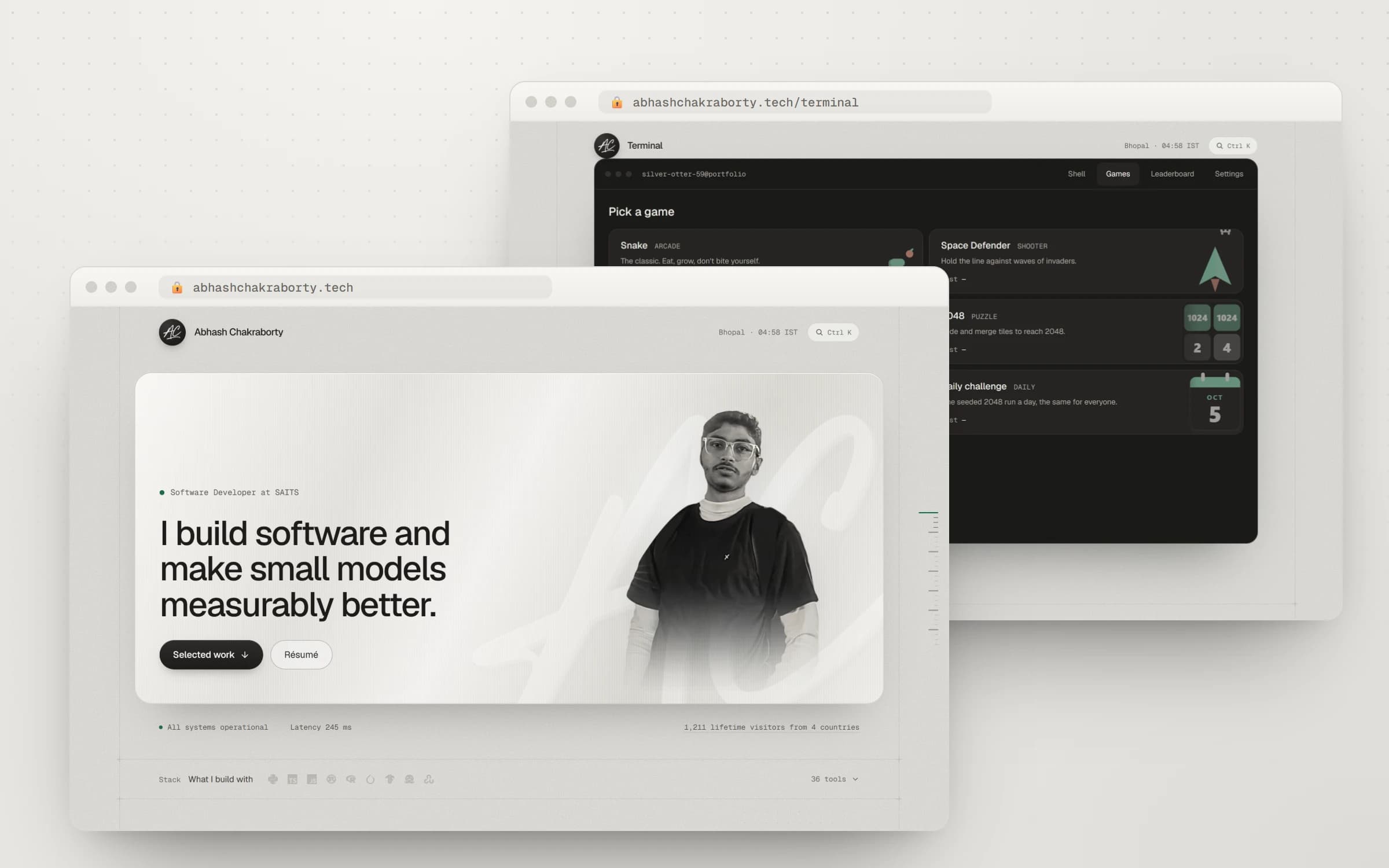 The portfolio homepage in front of the terminal's game picker