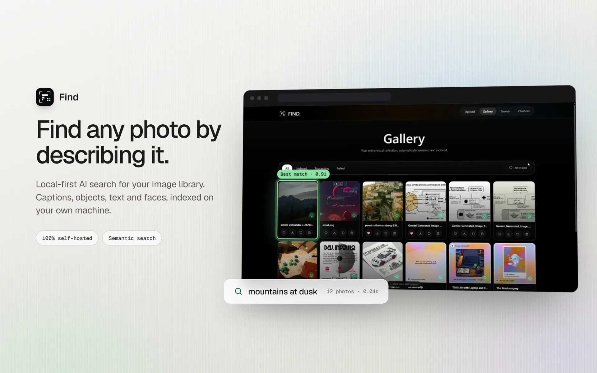 Find: find any photo by describing it. A search for "mountains at dusk" with its best match highlighted in the gallery.