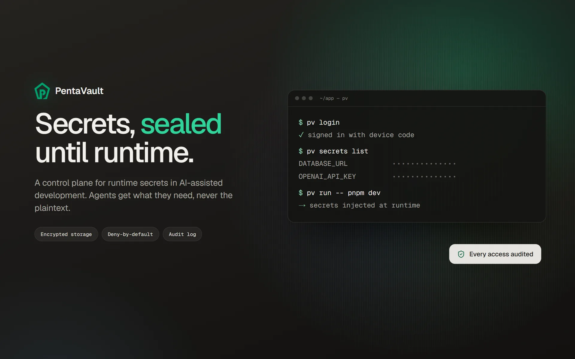 PentaVault: secrets sealed until runtime. A terminal logs in, lists masked secrets and injects them into a dev server.